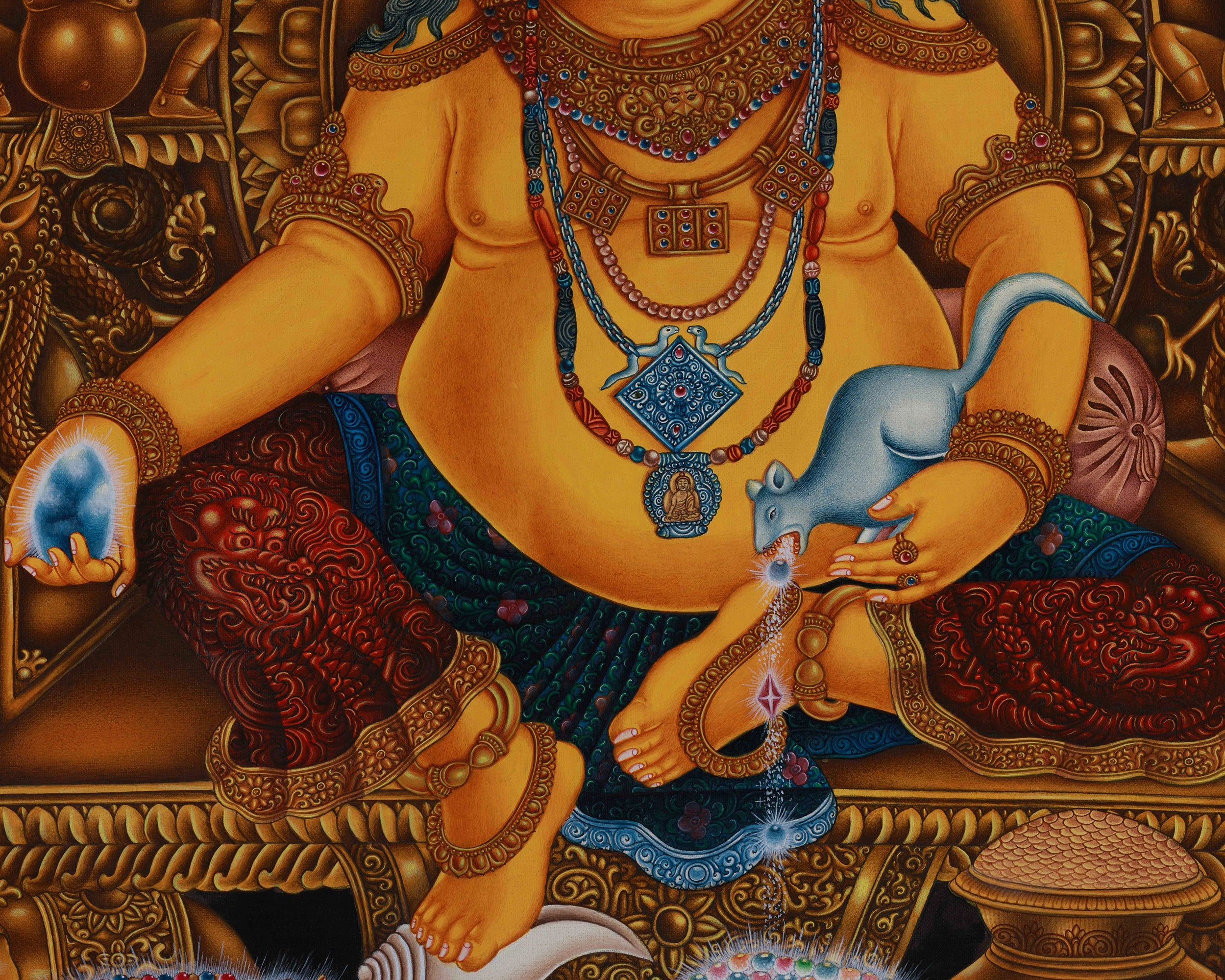 Realistic Portrayal of Jambhala Canvas Print | Kubera Giclée Art for Wealth and Protection