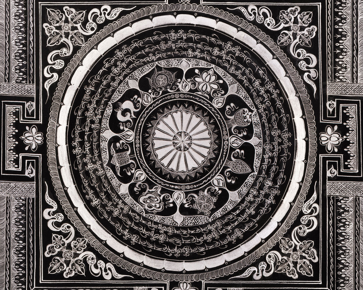 Eight Auspicious Symbol Mantra Mandala | Giclée Cavans Print | Monochromatic Artwork