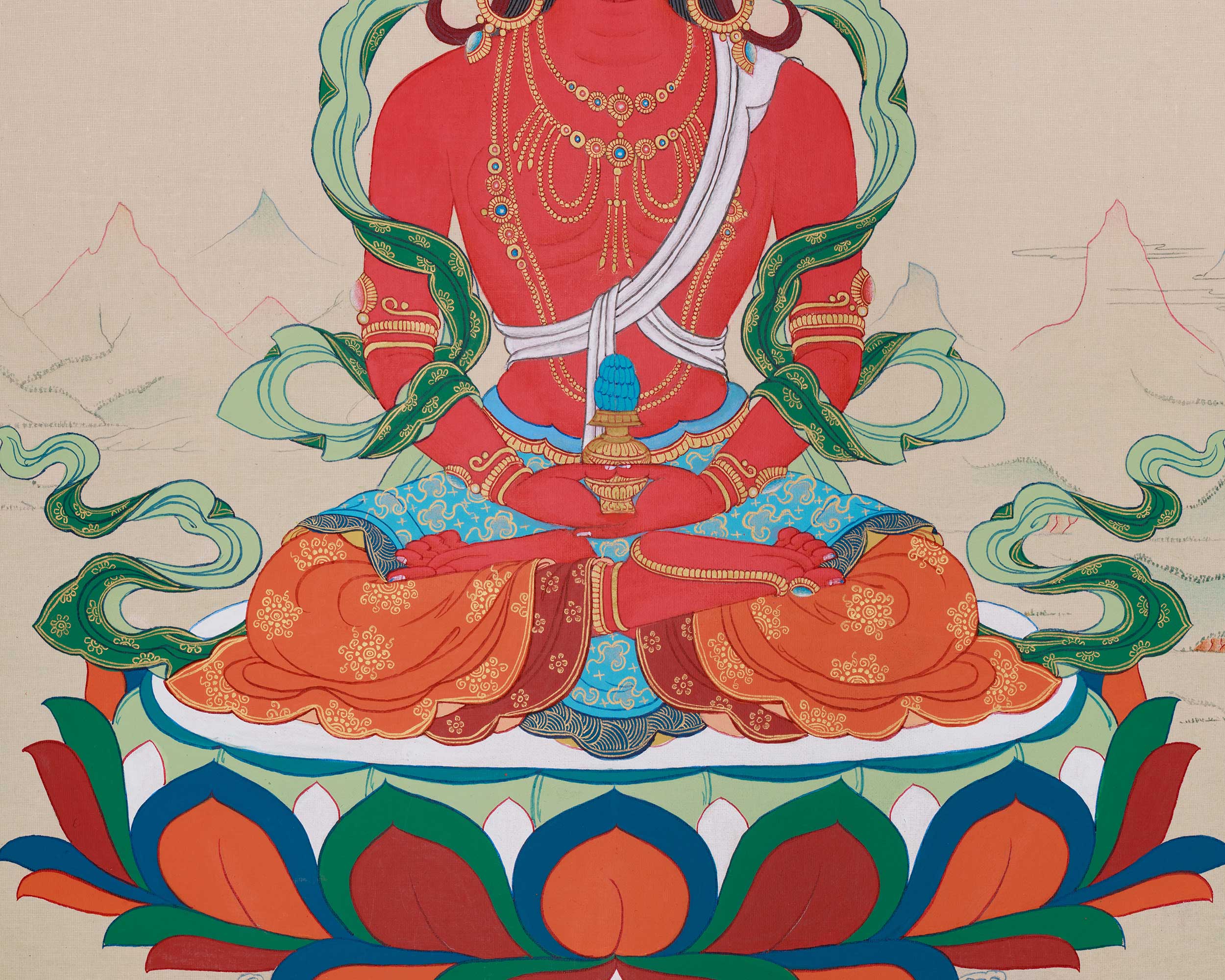 Original Thangka of Amitayus, Buddha of Infinite Light | Holding the Vase of Nectar