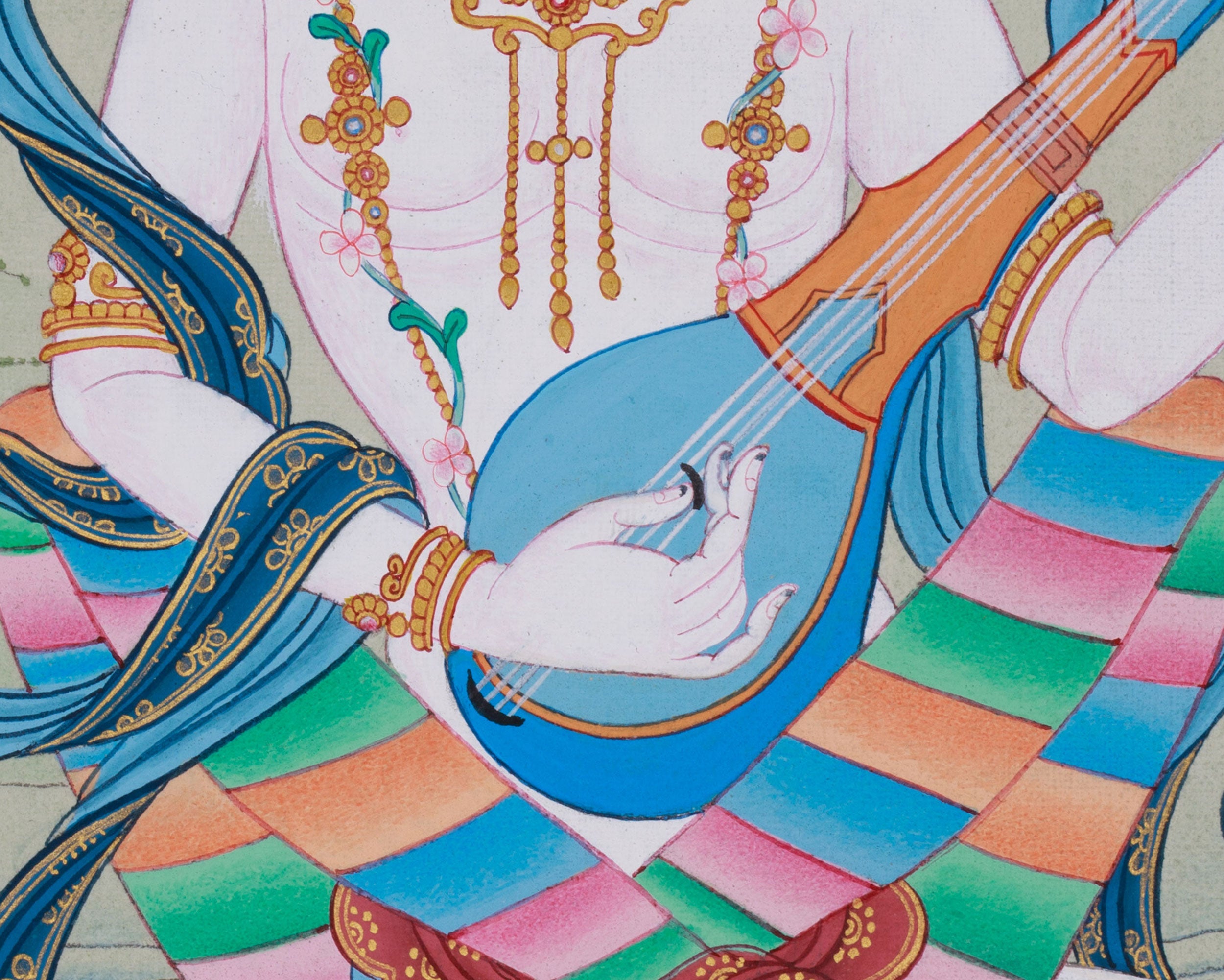 13-Inch Saraswati Thangka | Hand-Painted Goddess of Wisdom and Arts