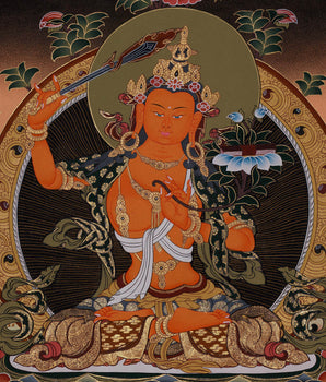 Manjushri Flanked With Chengrezig and Vajrapani | Tibetan Wall Hanging Decor