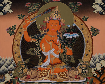 Manjushri Flanked With Chengrezig and Vajrapani | Tibetan Wall Hanging Decor