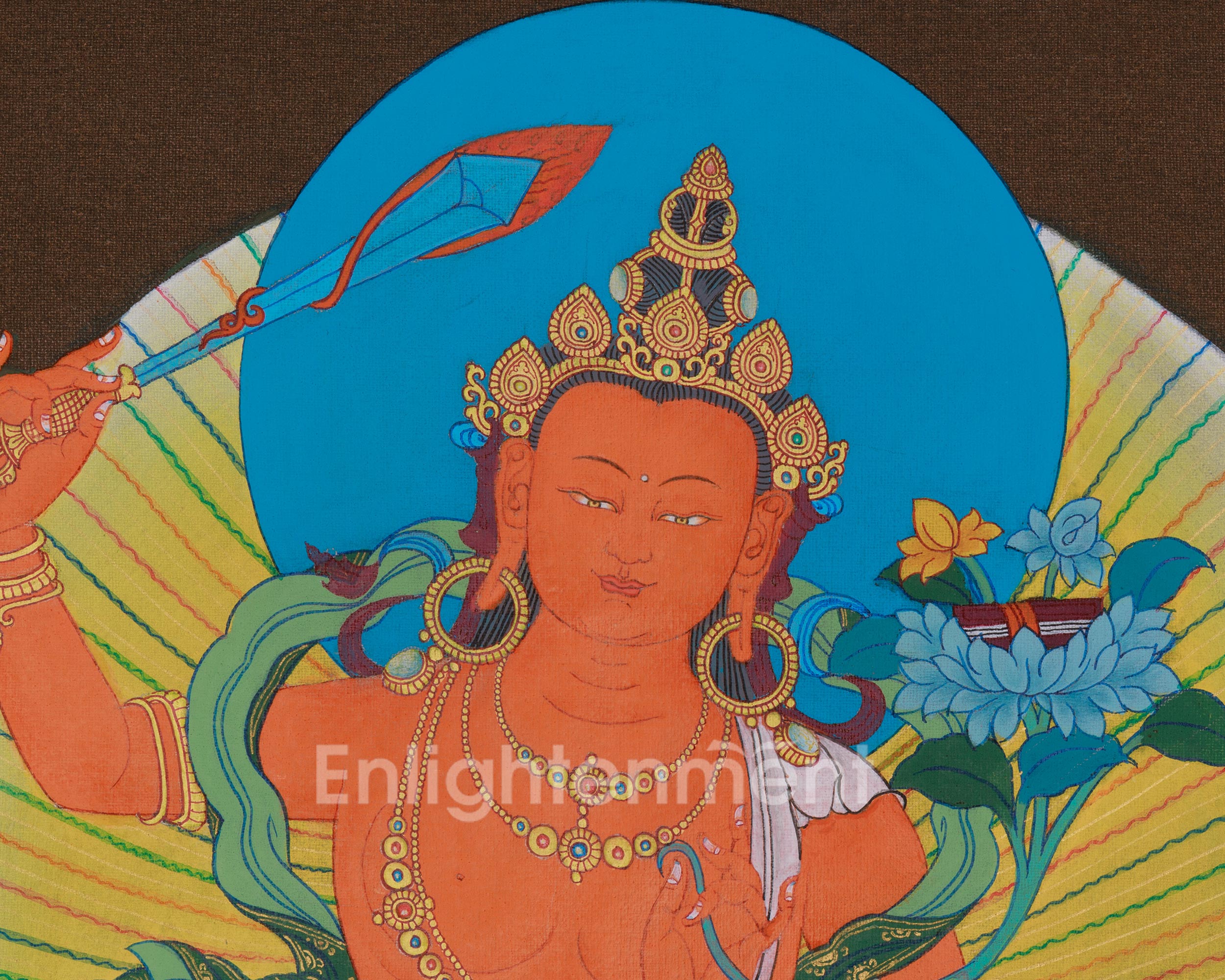 Sacred Thangka of Manjushri with Chenrezig and Vajrapani | Three Great Bodhisattvas