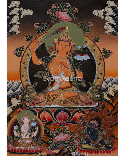 Manjushri Flanked With Chengrezig and Vajrapani | Tibetan Wall Hanging Decor