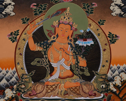 Manjushri Flanked With Chengrezig and Vajrapani | Tibetan Wall Hanging Decor