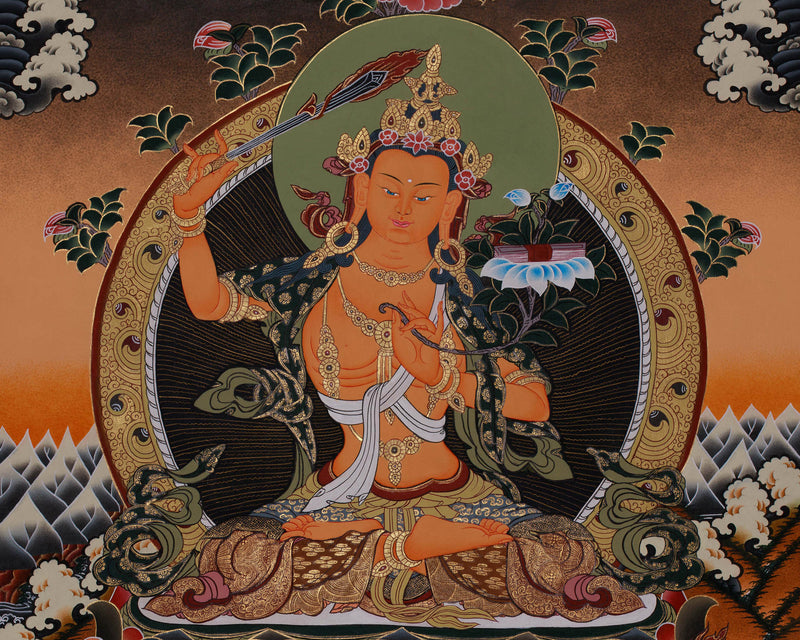 Manjushri Flanked With Chengrezig and Vajrapani | Tibetan Wall Hanging Decor