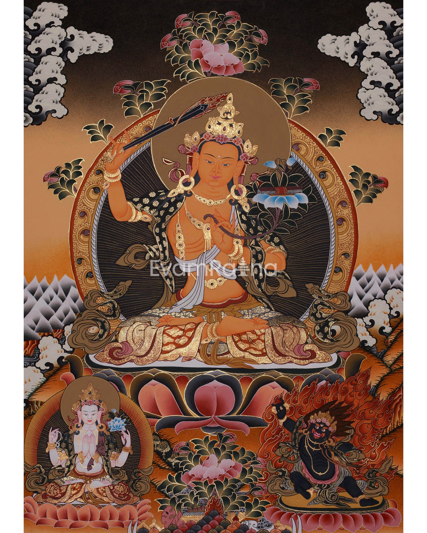 Manjushri Flanked With Chengrezig and Vajrapani | Tibetan Wall Hanging Decor