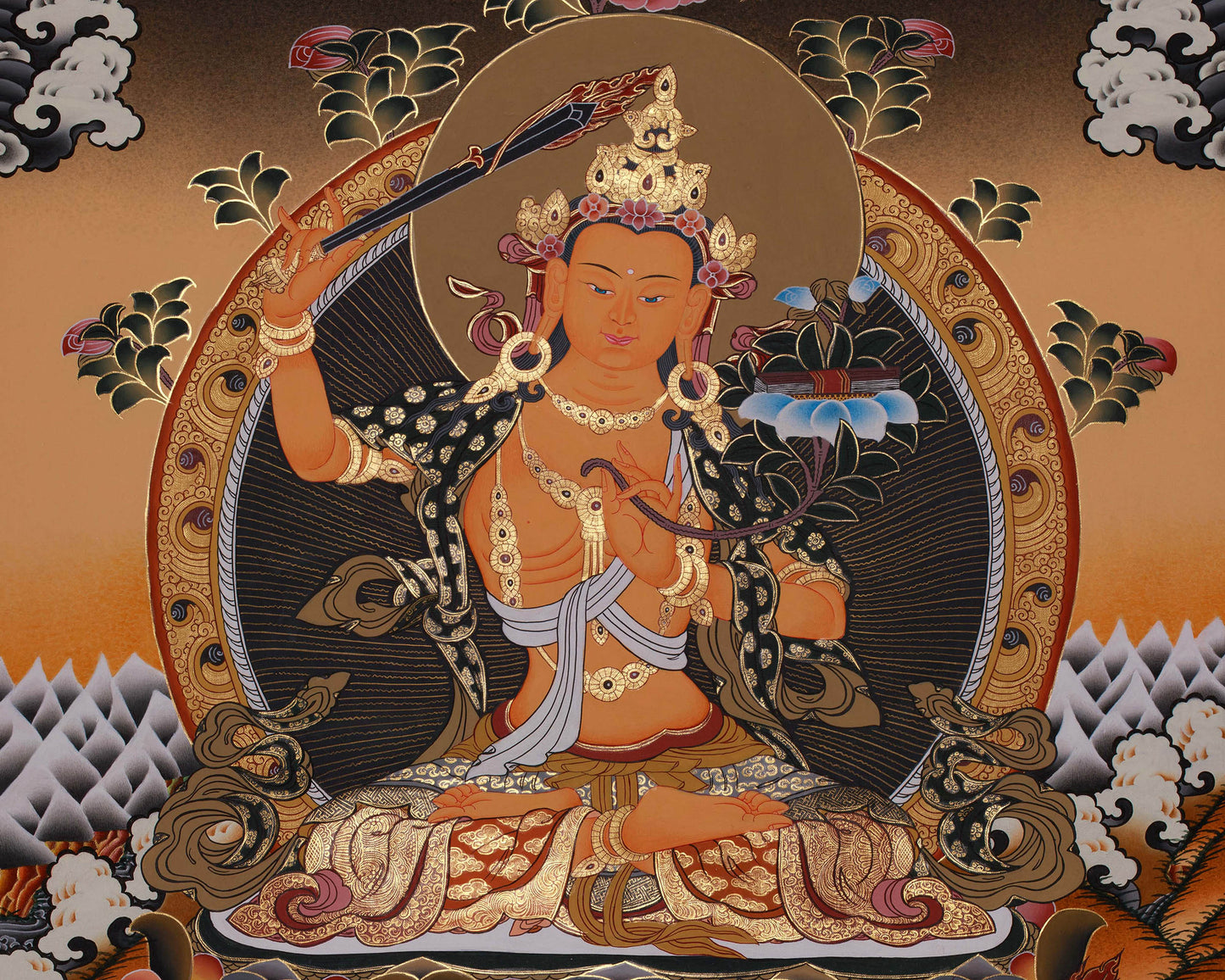 Manjushri Flanked With Chengrezig and Vajrapani | Tibetan Wall Hanging Decor