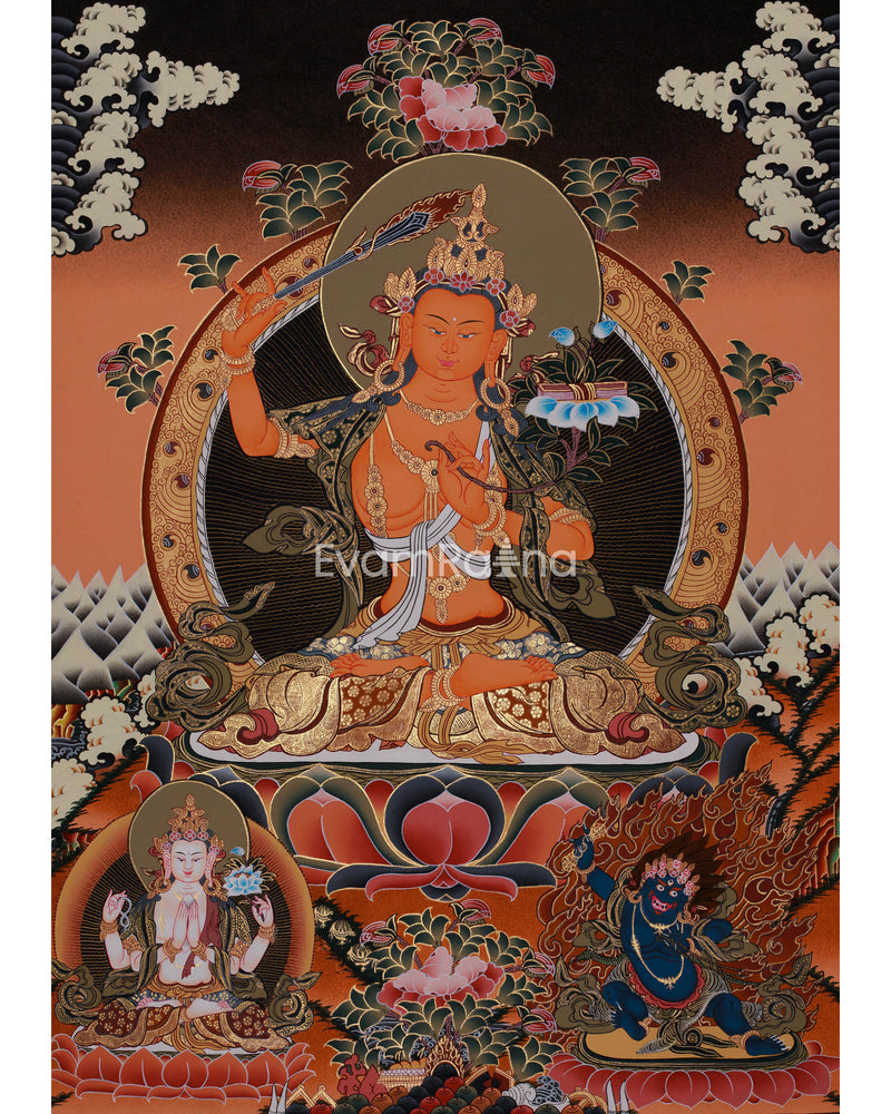 Manjushri Flanked With Chengrezig and Vajrapani | Tibetan Wall Hanging Decor