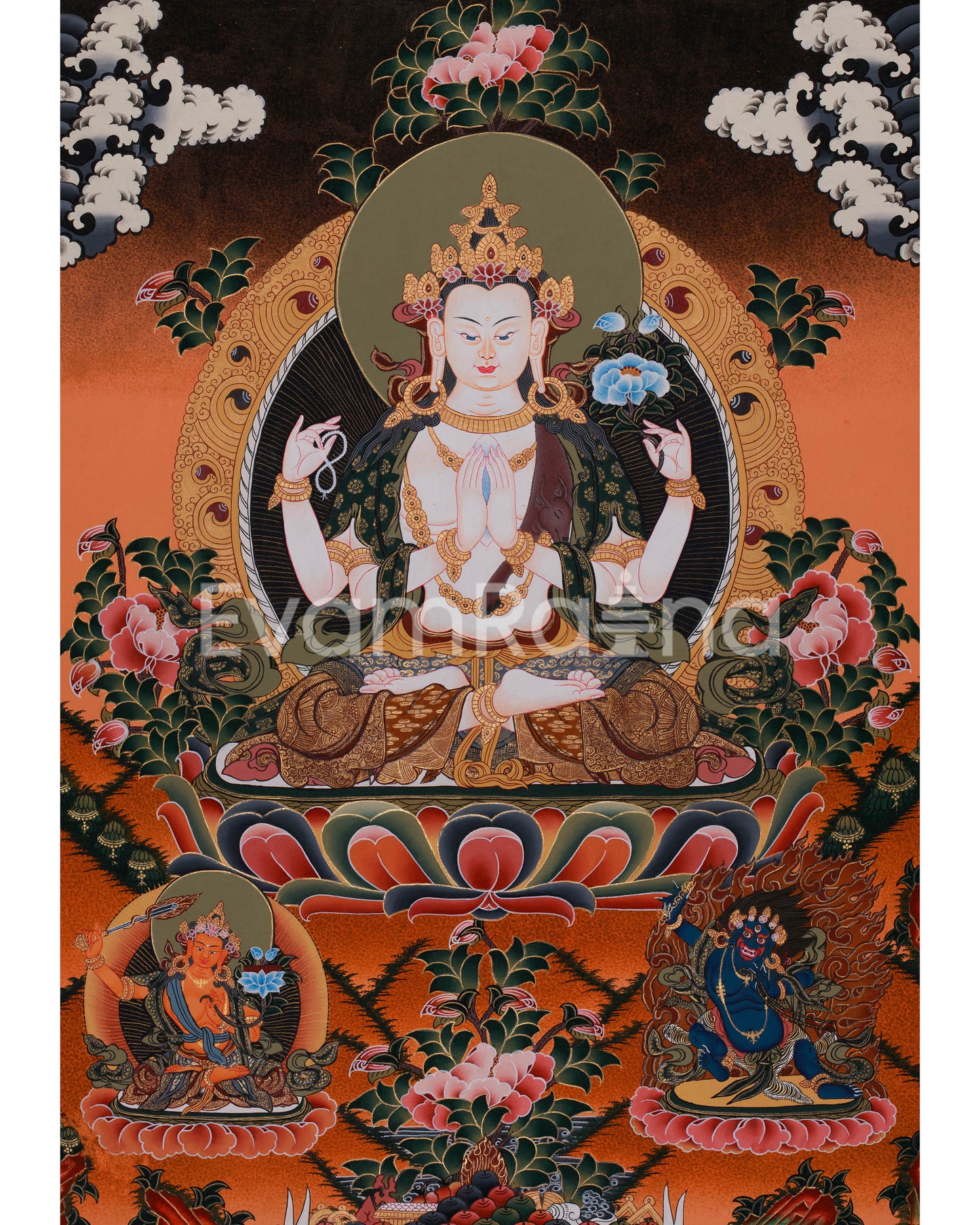 Hand-Painted Four Armed Chengrezig with Manjushri and Vajrapani | Tibetan Bodhisattva