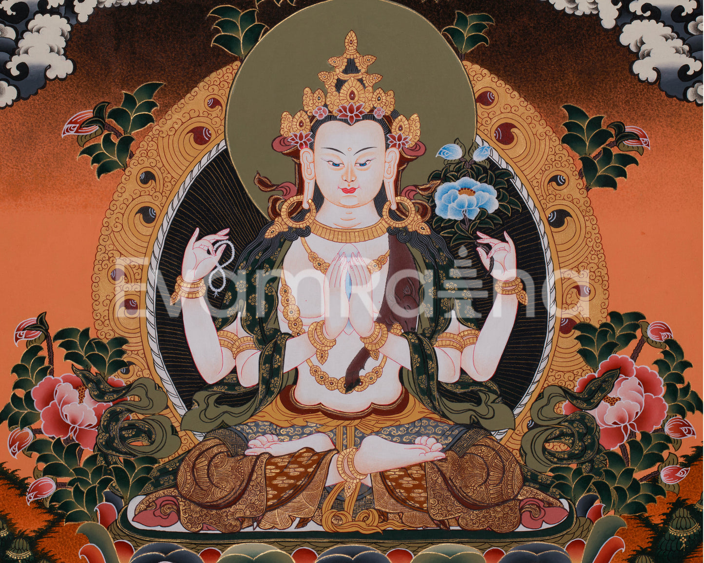 Hand-Painted Four Armed Chengrezig with Manjushri and Vajrapani | Tibetan Bodhisattva