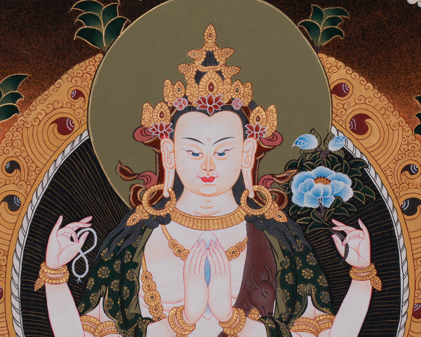 Hand-Painted Four Armed Chengrezig with Manjushri and Vajrapani | Tibetan Bodhisattva