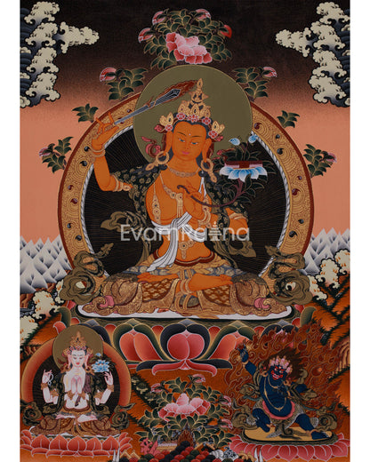 Manjushri Flanked With Chengrezig and Vajrapani | Tibetan Wall Hanging Decor