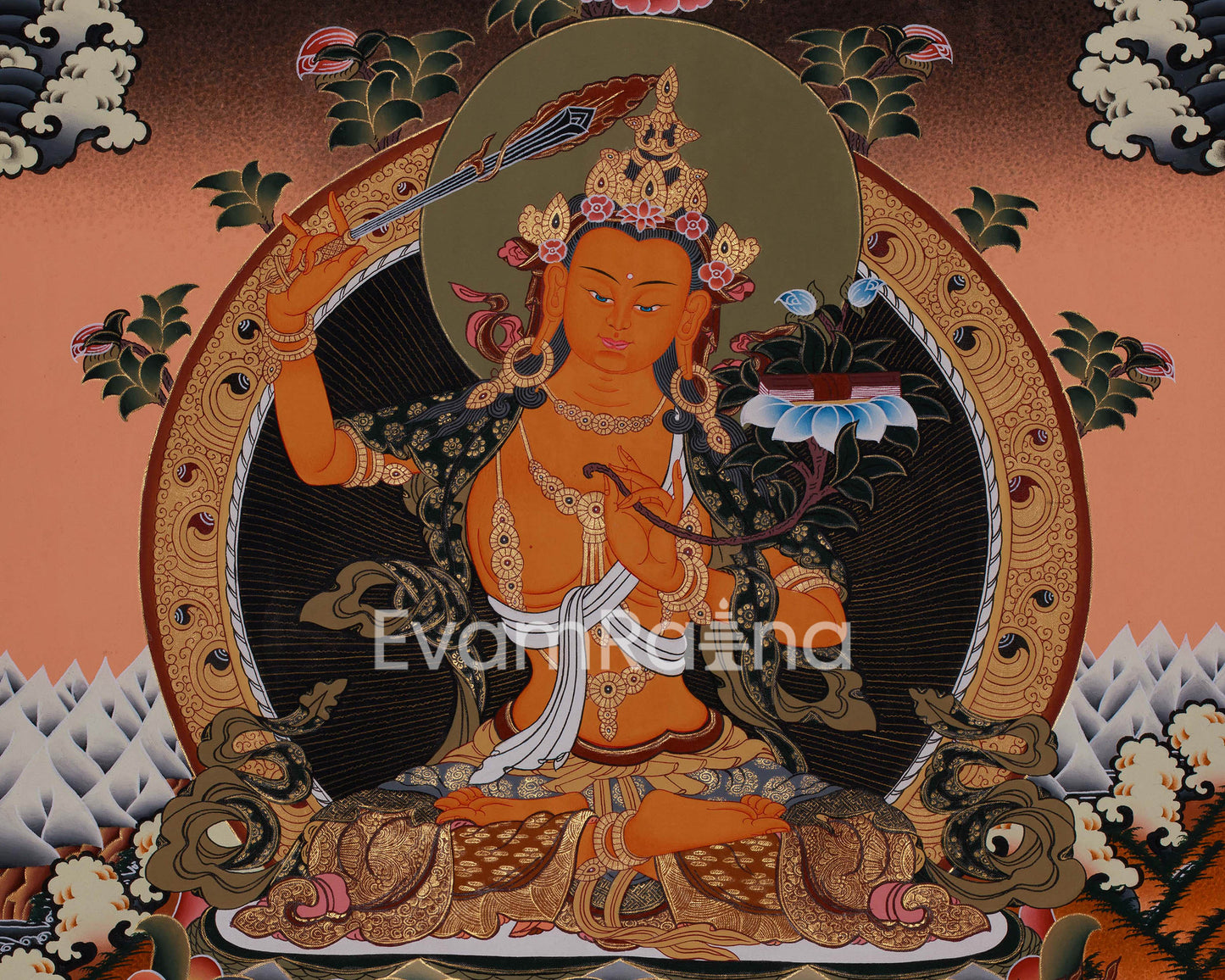 Manjushri Flanked With Chengrezig and Vajrapani | Tibetan Wall Hanging Decor