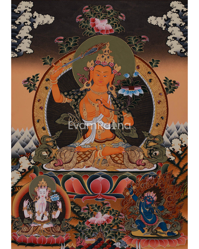 Manjushri Flanked With Chengrezig and Vajrapani | Tibetan Wall Hanging Decor