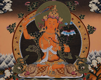 Manjushri Flanked With Chengrezig and Vajrapani | Tibetan Wall Hanging Decor