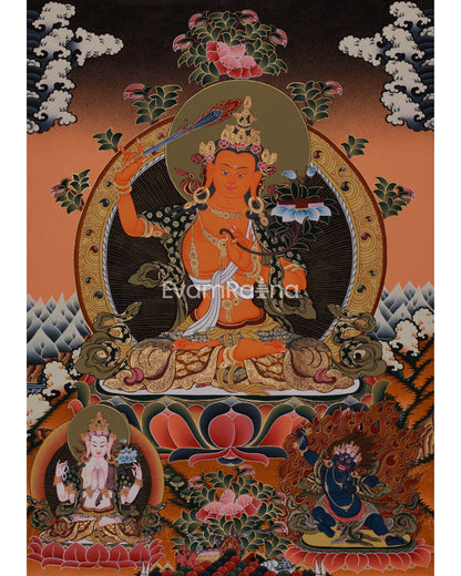 Manjushri Flanked With Chengrezig and Vajrapani | Tibetan Wall Hanging Decor