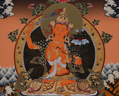 Manjushri Flanked With Chengrezig and Vajrapani | Tibetan Wall Hanging Decor