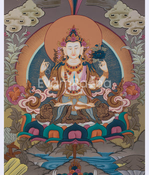 Four Armed Compassionate Chenrezig Thangka  | Hand-Painted Compassion Deity Art