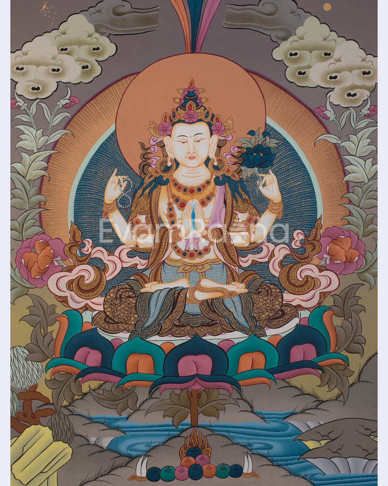 Four Armed Compassionate Chenrezig Thangka  | Hand-Painted Compassion Deity Art