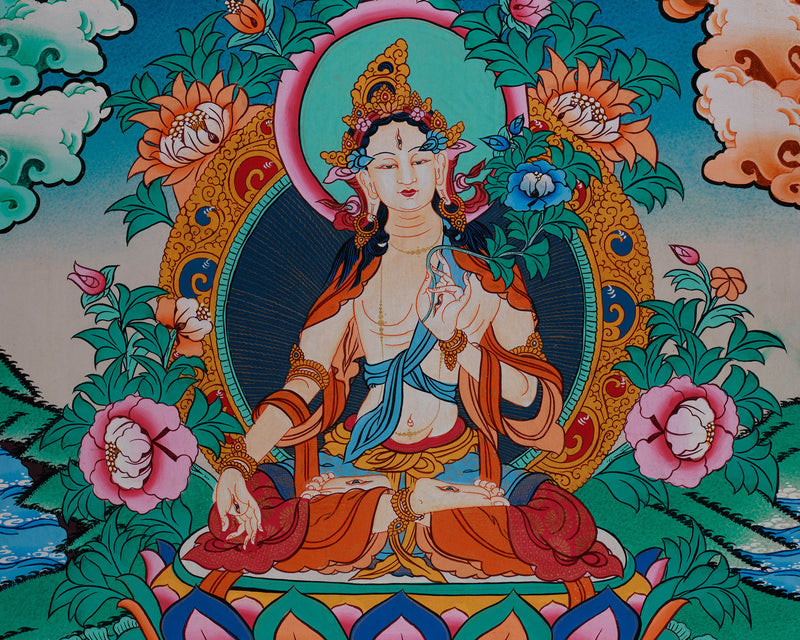 Seven-Eyed Goddess, White Tara (Sita Tara) Thangka | Bodhisattva of Longevity and Healing | Sacred Meditation Decor | Divine Female Buddha