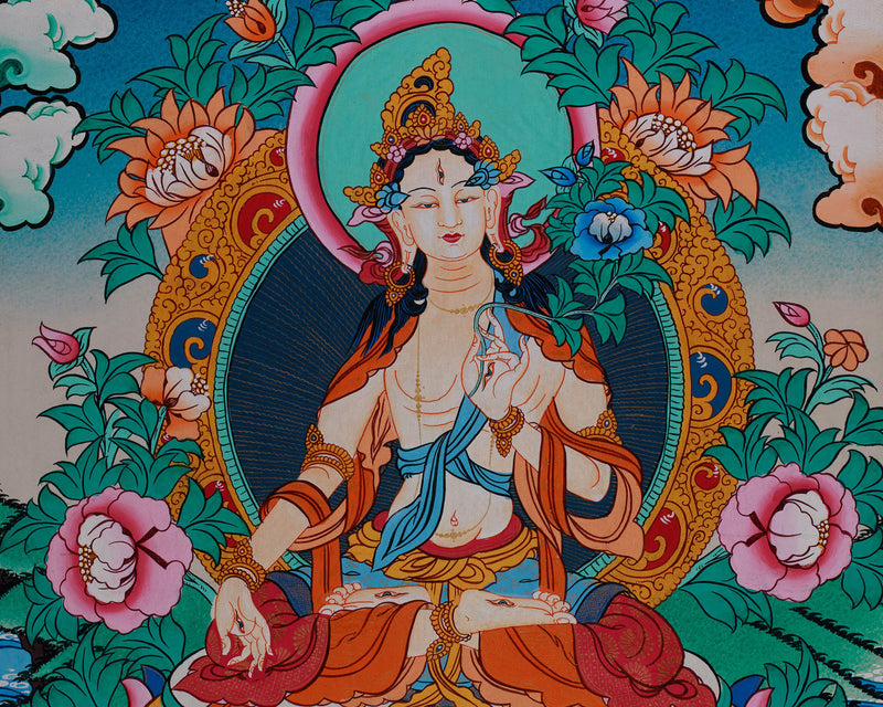 Seven-Eyed Goddess, White Tara (Sita Tara) Thangka | Bodhisattva of Longevity and Healing | Sacred Meditation Decor | Divine Female Buddha