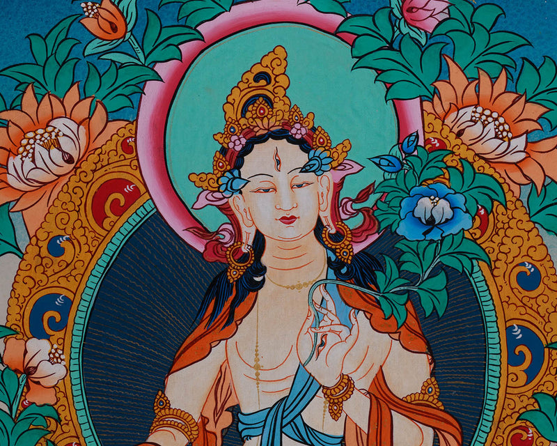 Seven-Eyed Goddess, White Tara (Sita Tara) Thangka | Bodhisattva of Longevity and Healing | Sacred Meditation Decor | Divine Female Buddha