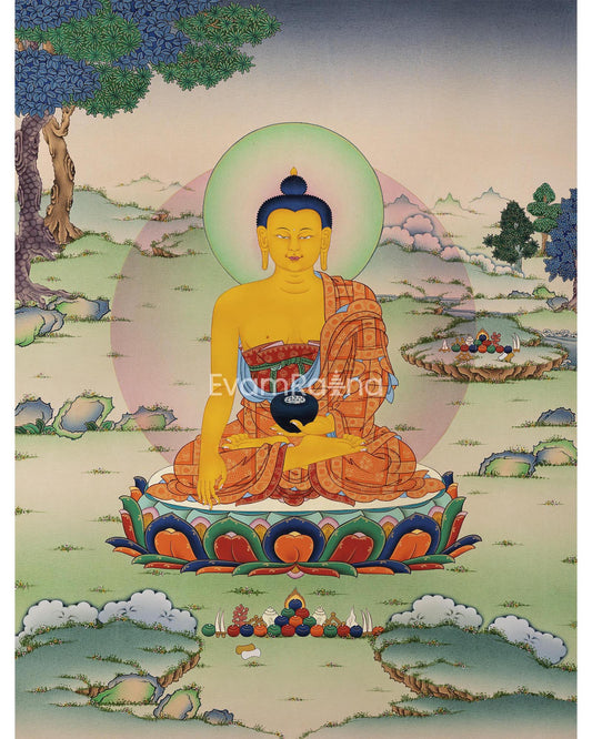 Himalayan Shakyamuni Buddha Prayer Thangka Print | Gautama Buddha Print As Spiritual Room Decor