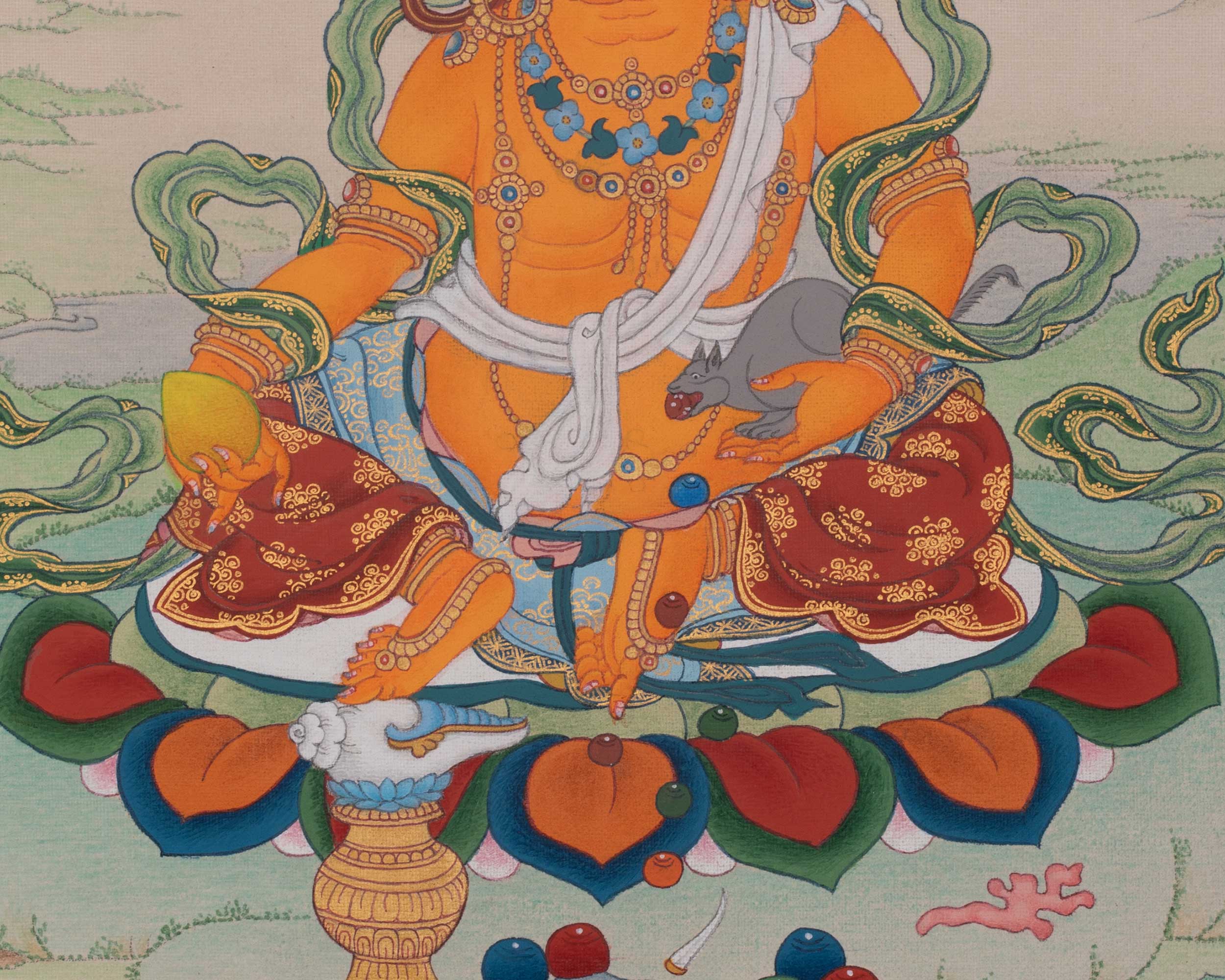 Dzambhala Spiritual Artwork | Tibetan Thangka of Wealth And Prosperity