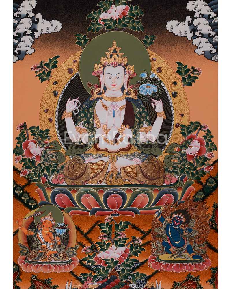 Hand-Painted Four Armed Chengrezig with Manjushri and Vajrapani | Tibetan Bodhisattva