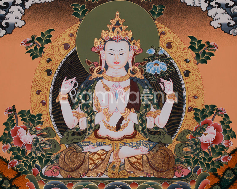 Hand-Painted Four Armed Chengrezig with Manjushri and Vajrapani | Tibetan Bodhisattva