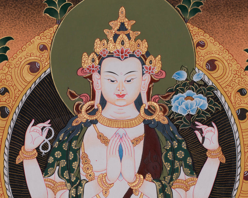 Hand-Painted Four Armed Chengrezig with Manjushri and Vajrapani | Tibetan Bodhisattva