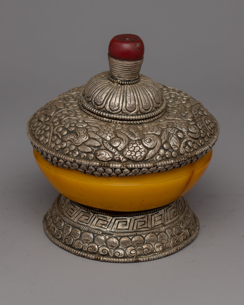 Silver Dhupur Rice Pot | Tibetan Food Offering with Plastic Amber