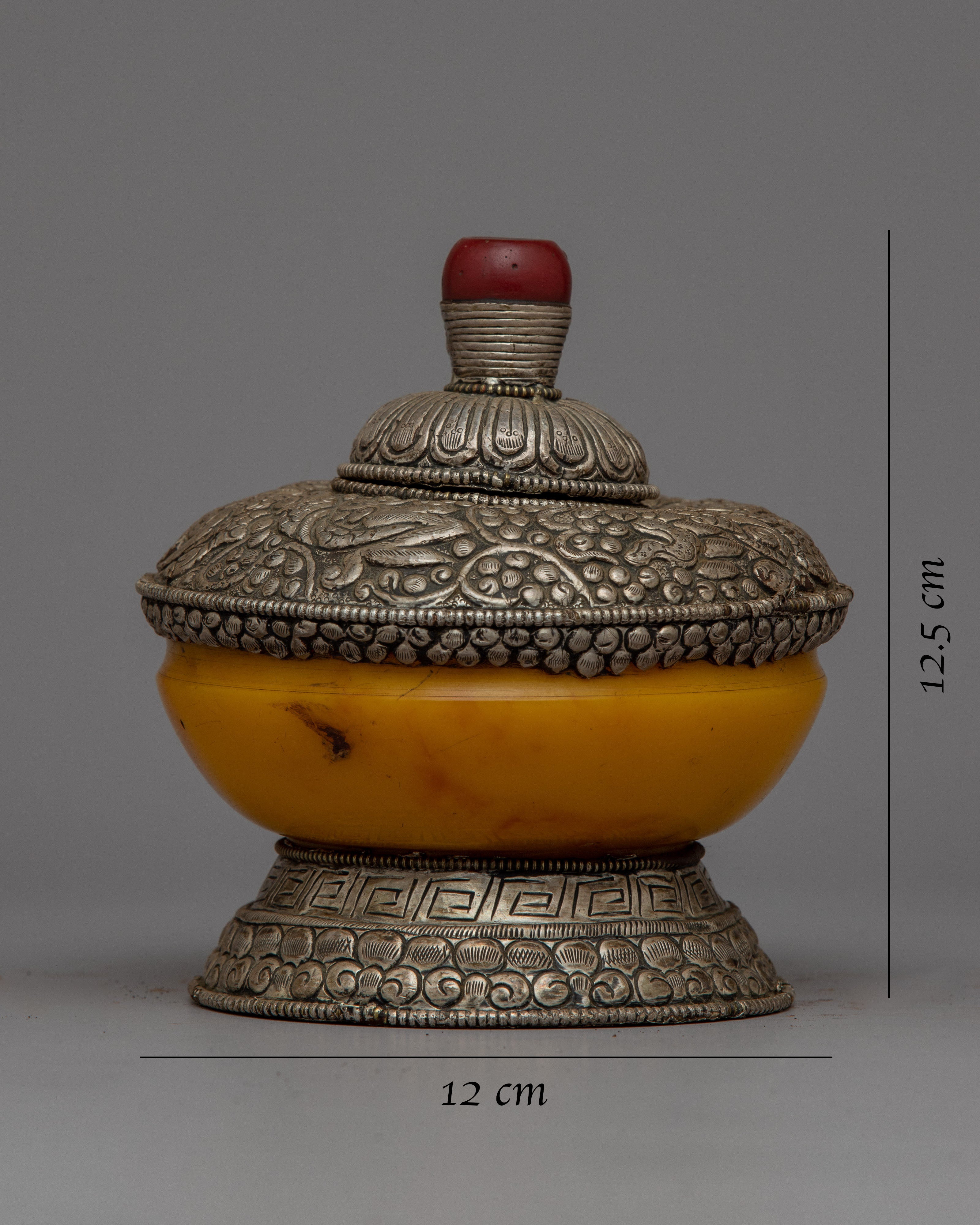 Silver Dhupur Rice Pot | Tibetan Food Offering with Plastic Amber