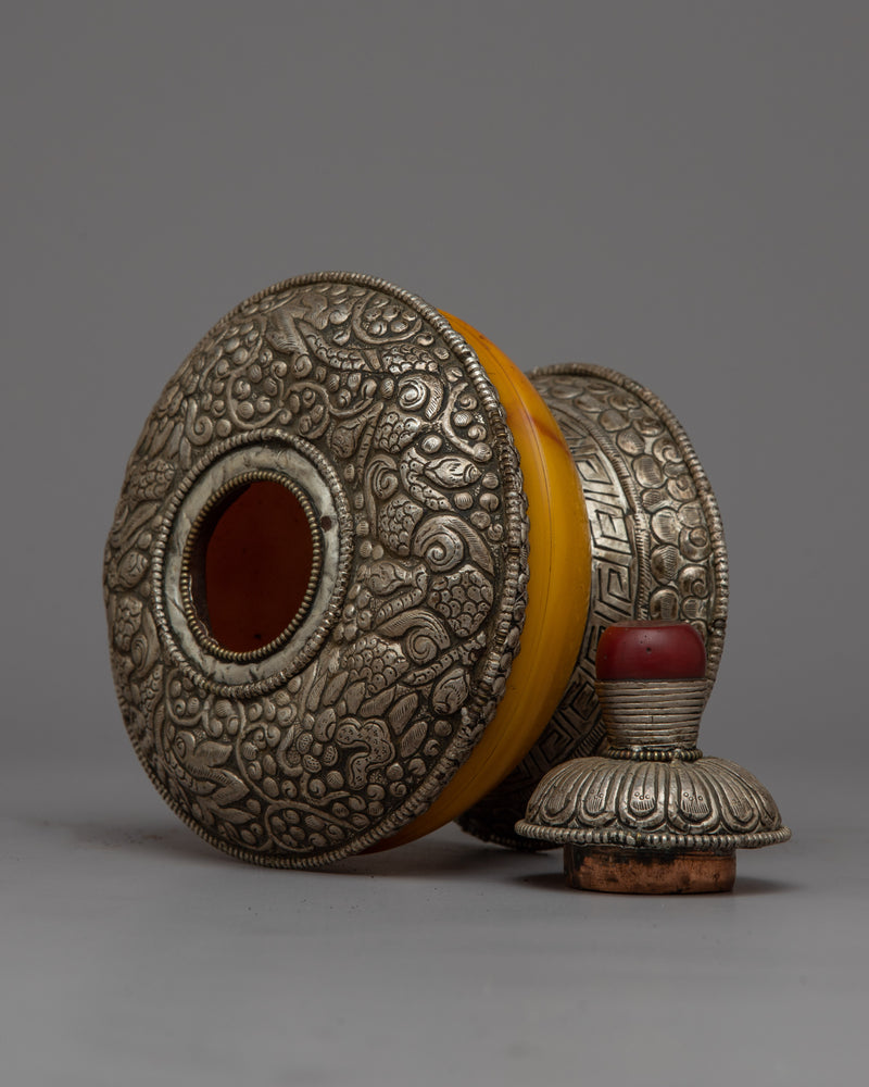 Silver Dhupur Rice Pot | Tibetan Food Offering with Plastic Amber