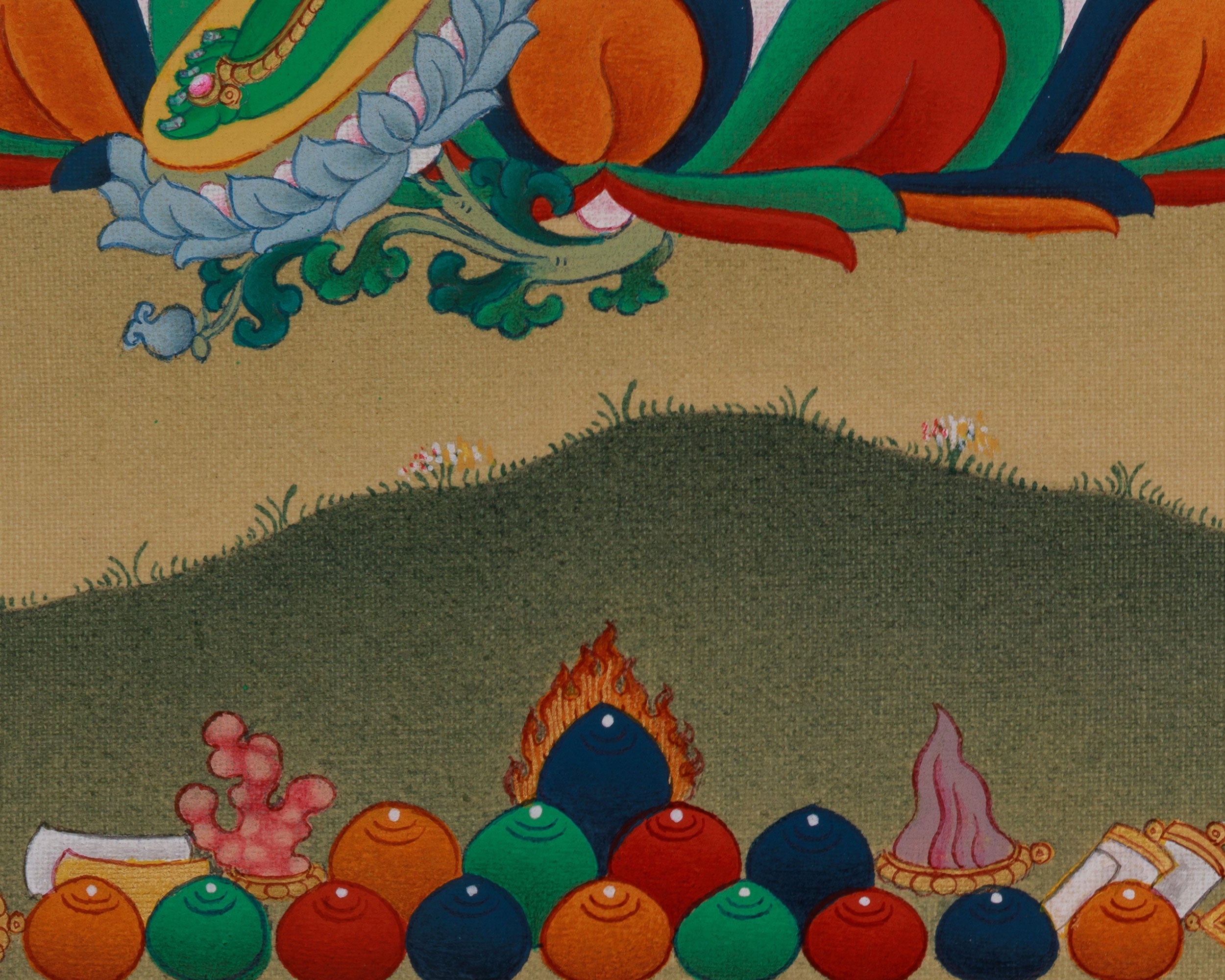 Green Tara With Amitabha Buddha Thangka | Symbolizing Swift Compassion and Protection