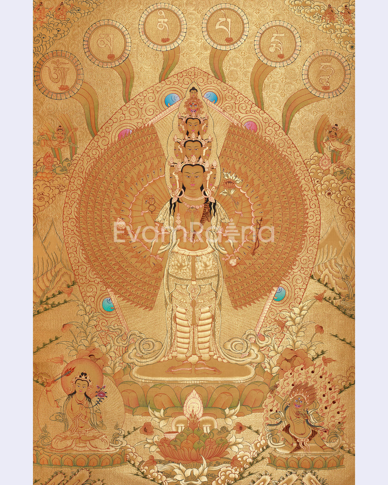 Avalokiteshvara in Gold with Mantra and Deities | Sacred Compassion Art