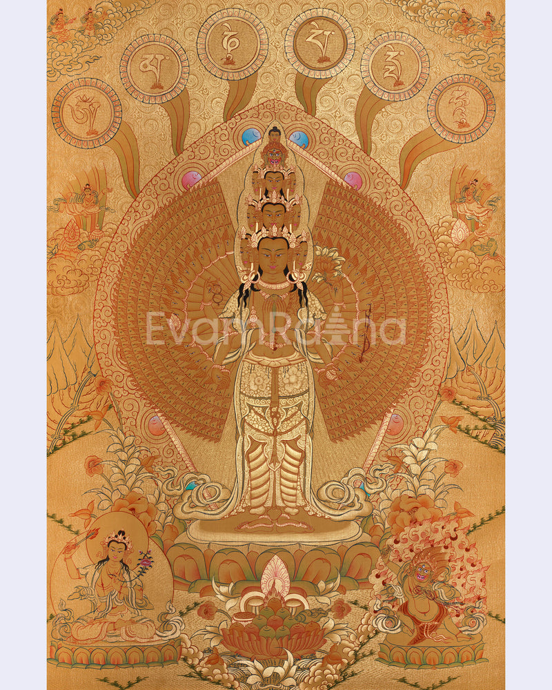 Avalokiteshvara in Gold with Mantra and Deities | Sacred Compassion Art