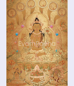 Four-Armed Chenrezig Thangka | Gold with Compassion Mantra and Deities