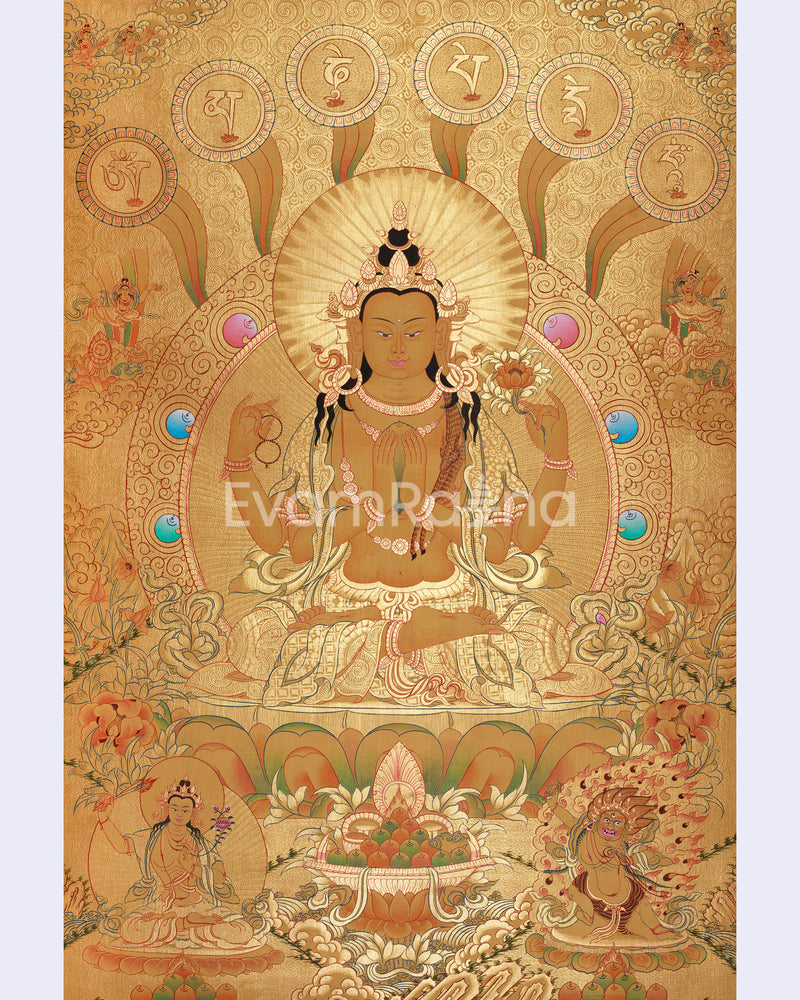 Four-Armed Chenrezig Thangka | Gold with Compassion Mantra and Deities