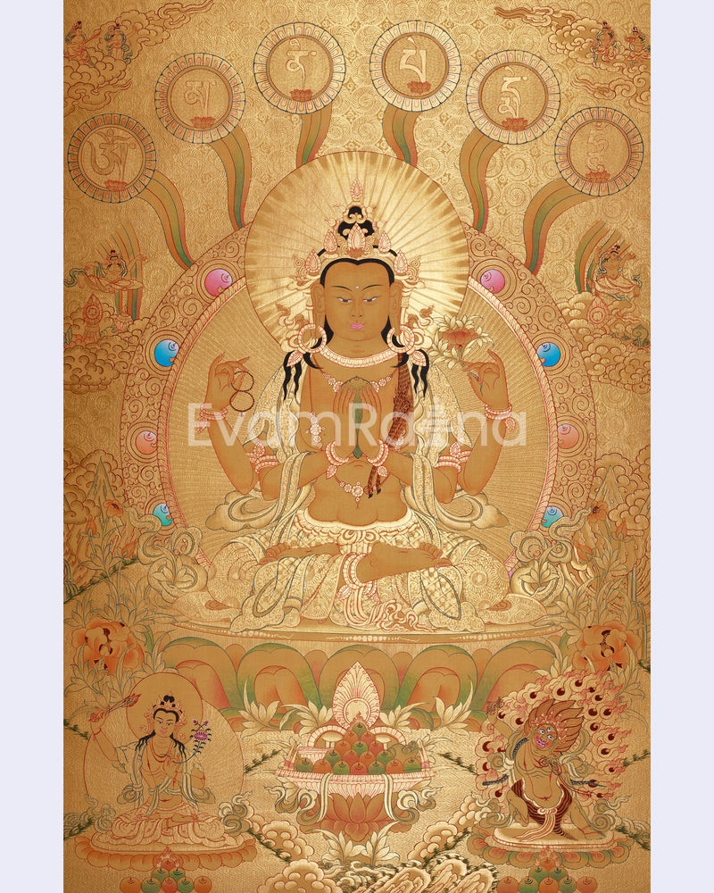 Four-Armed Chenrezig Thangka | Gold with Compassion Mantra and Deities