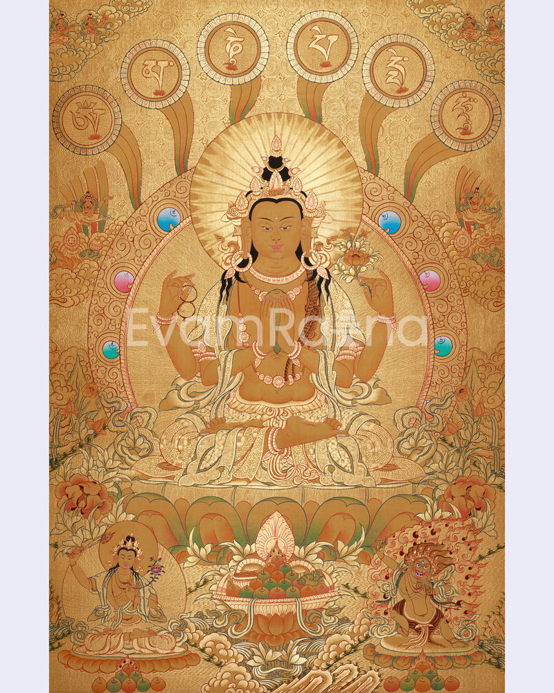 Four-Armed Chenrezig Thangka | Gold with Compassion Mantra and Deities