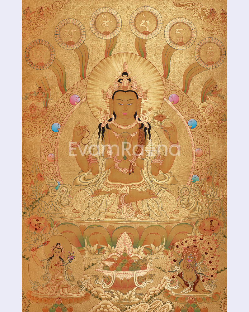 Four-Armed Chenrezig Thangka | Gold with Compassion Mantra and Deities