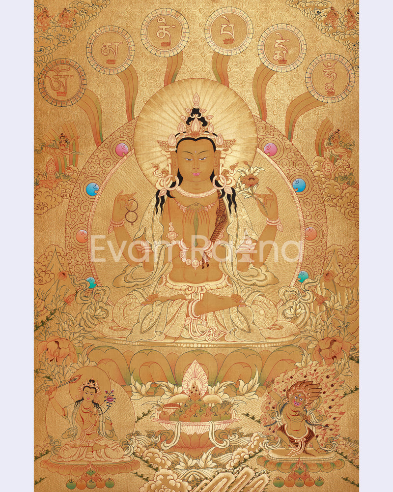 Four-Armed Chenrezig Thangka | Gold with Compassion Mantra and Deities