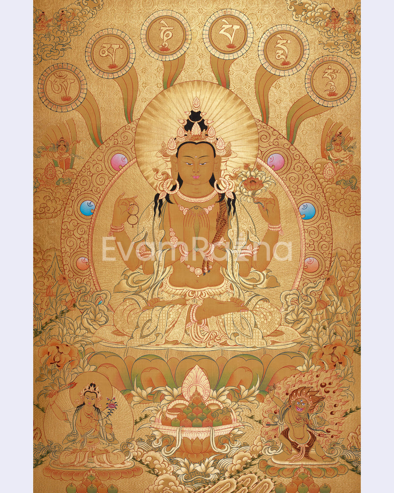 Four-Armed Chenrezig Thangka | Gold with Compassion Mantra and Deities