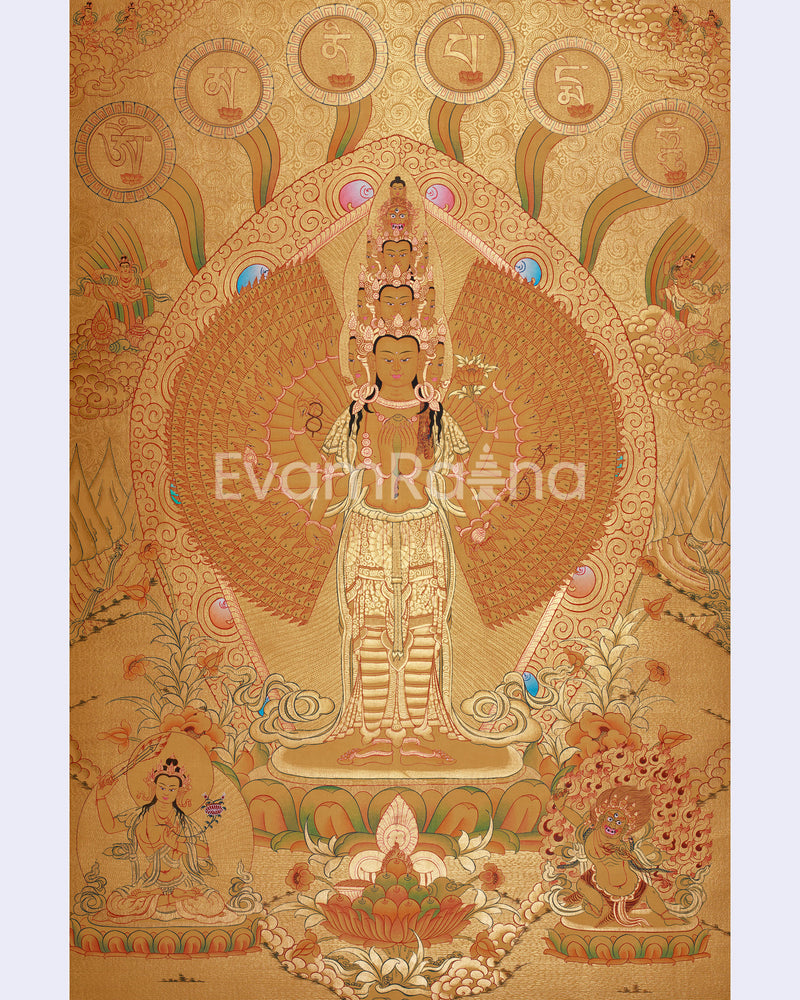 Avalokiteshvara in Gold with Mantra and Deities | Sacred Compassion Art