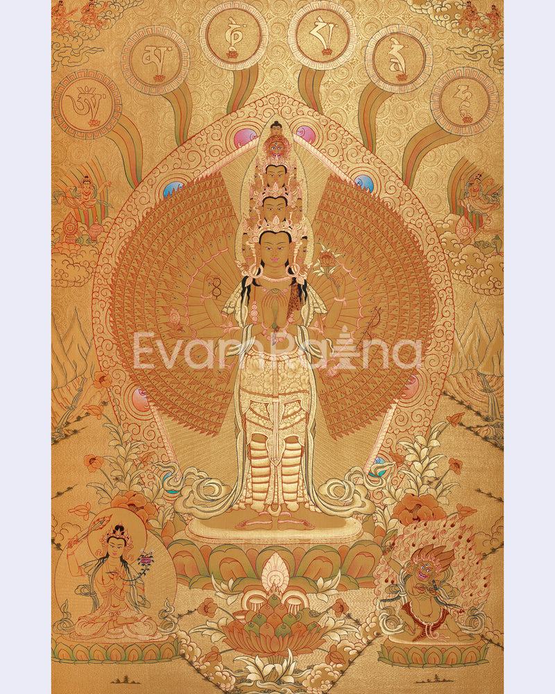 Avalokiteshvara in Gold with Mantra and Deities | Sacred Compassion Art