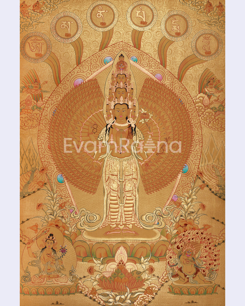 Avalokiteshvara in Gold with Mantra and Deities | Sacred Compassion Art