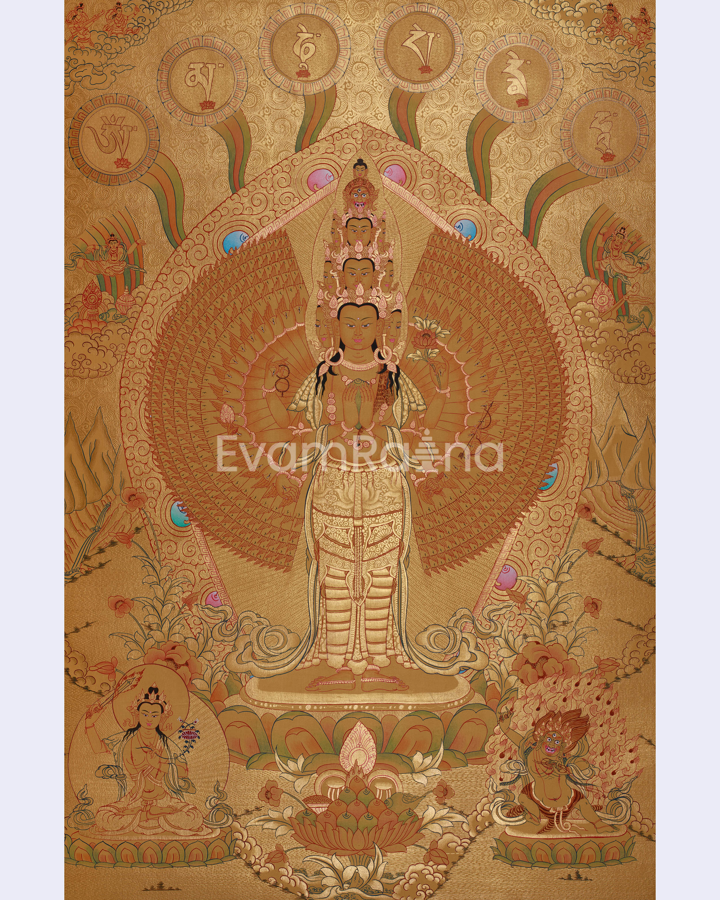 Avalokiteshvara in Gold with Mantra and Deities | Sacred Compassion Art