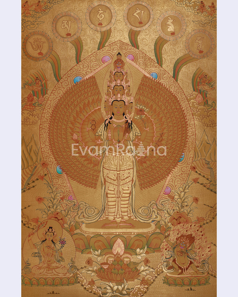 Avalokiteshvara in Gold with Mantra and Deities | Sacred Compassion Art